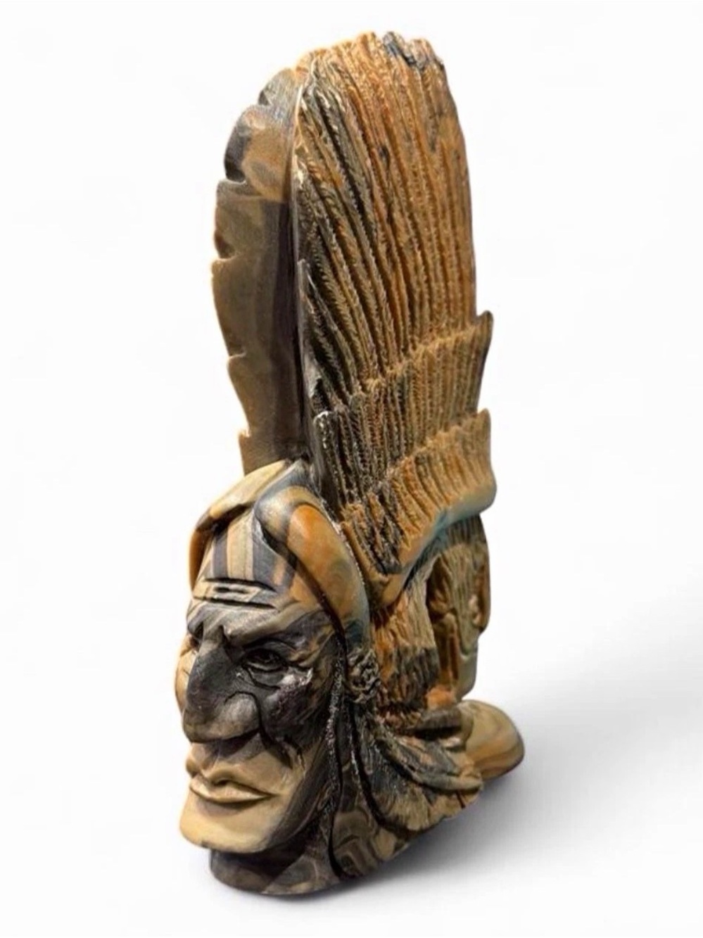 Hand-Carved Brown and Black Warrior Head Sculpture - Brand